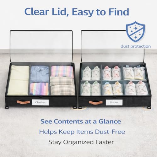 Under Bed Storage with Wheels, Under Bed Storage with Dividers, 66L Rolling Organizer with Clear Lid and 3 Compression Bags for Clothes, Blankets, Bedding and Shoes