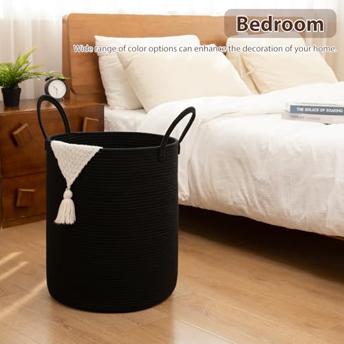 OIAHOMY Large Laundry Basket Hamper - 60L Cotton Rope Woven Basket for Blankets, Toys, Clothes - Tall Decorative Nursery Hamper with Long Handles, Black - color: Black, size: 60L