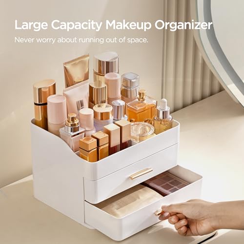 HBlife Makeup Organizer for Vanity with 2 Drawers, Large Bathroom Countertop Cosmetics Organizer Skin Care Storage, Easy to Store Lipsticks, Nail Polishes, Perfumes, Eyeshadow Palettes, All White - color: All White