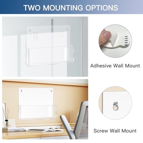 JUESHA 2 Pack Clear Acrylic File Holder Wall Mount Self Adhesive, Letter Size Hanging Paper Organizer, Wall Pocket File Holder Storage for Letter Folder Brochure Magazine Bookshelf Literature Display - color: White