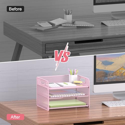 Samstar 3 Tier Pink Letter Tray Paper Organizer with Handle, Mesh Desk Organizer Paper Sorter File Rack Shelves, Pink - color: Pink 3 Tier Pack of 1