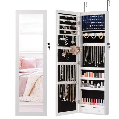 DUMOS 6 LEDs Mirror Jewelry Cabinet, Wall or Door Mounted Jewelry Organizer, 47.2-Inch Tall Lockable Large Capacity Cosmetic Storage, Gift Idea - color: White, size: Wall or Door Mounted -47.24 Inchs