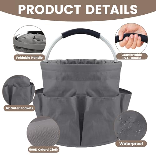 Cleaning Caddy with Handle and 6 Pockets, 17L Cleaning Supplies Organizer, 600D Oxford Fabric Storage Basket, Multifunctional Bucket Bag for Picnics, Camping, Gardening, Bathing (Grey) - color: Gray