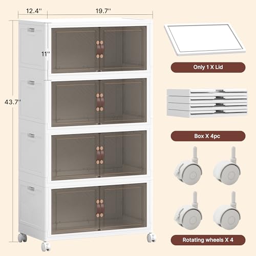 480QT Extra Large Stackable Storage Bins with Lids & Wheels & Door, 120Gal Foldable Collapsible Closet Organizers, Plastic containers drawers for bedroom Dorm - color: White