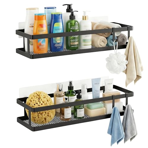 PUSDON 2-Pack 16.5" Extra Long Slim Shower Caddy, Adhesive Wall Mount Bathroom Organizer, Rustproof Open Frame Mesh Spice Rack for Kitchen, Holds 50LBS - Matte Black, Guardrail - color: Matte Black, size: Minimalist Open (16.5" Extra Long)