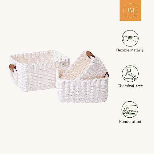 LA JOLIE MUSE Woven Storage Baskets for Organizing, Recycled Paper Rope Basket Bin Divider for Makeup Towel Shelf Cupboards Drawer Closet Dresser, Decorative White Storage Basket Set of 3 - color: White