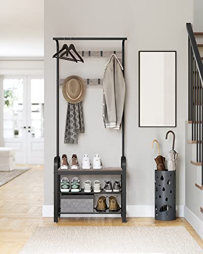 VASAGLE Coat Rack, Hall Tree with Shoe Bench for Entryway, Entryway Bench with Coat Rack, 4-in-1, with 9 Removable Hooks, a Hanging Rod, 13.3 x 28.3 x 72.1 Inches, Greige and Black UHSR40MB - color: Greige + Black, size: 28.3"W