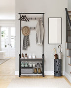 VASAGLE Coat Rack, Hall Tree with Shoe Bench for Entryway, Entryway Bench with Coat Rack, 4-in-1, with 9 Removable Hooks, a Hanging Rod, 13.3 x 28.3 x 72.1 Inches, Greige and Black UHSR40MB - color: Greige + Black, size: 28.3"W