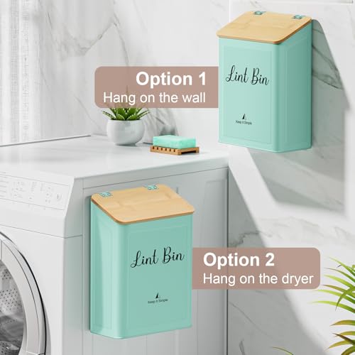 SUBEKYU Metal Magnetic Lint Bin for Laundry Room, Wall Mounted Lint Box Holder with Lid for Dryer,Laundry Room Organization and Storage,Bamboo Lid Lint Basket,Light Green - color: Light Green