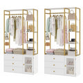 BOTLOG 2pcs Closet Organizer System, Wardrobe Closet with 3 Wooden Drawers, Clothes Rack with Hanging Rods and 4 Tiers Shelves, Garment Rack with Metal Frame, White and Gold