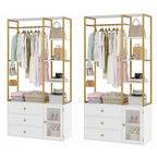 BOTLOG 2pcs Closet Organizer System, Wardrobe Closet with 3 Wooden Drawers, Clothes Rack with Hanging Rods and 4 Tiers Shelves, Garment Rack with Metal Frame, White and Gold