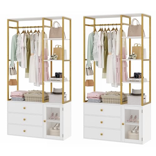 BOTLOG 2pcs Closet Organizer System, Wardrobe Closet with 3 Wooden Drawers, Clothes Rack with Hanging Rods and 4 Tiers Shelves, Garment Rack with Metal Frame, White and Gold