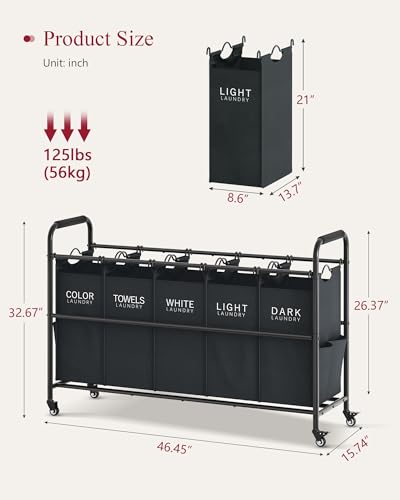 Tajsoon 5 Bag Laundry Sorter Cart, 5 Section Laundry Hamper with Heavy Duty Rolling Lockable Wheels, Laundry Basket Organizer with Removable Bags for Dirty Clothes Storage, Black - color: Black