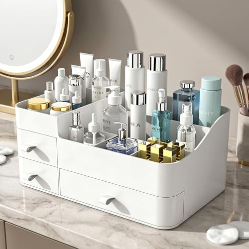 MIUOPUR Makeup Organizer with Drawers, Bathroom Counter Organizer, Plastic Cosmetic Display Case, Large Skincare Storage for Vanity Countertop, Ideal for Bedroom Dresser top and Desktop - color: Artic White
