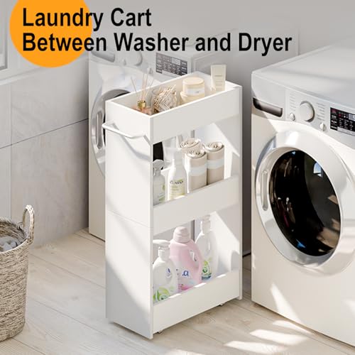 MARTY Wood Rolling Storage Cart 7.9" W, 3 Tier White Slim Utility Kitchen Cart on Wheels Laundry Room Bathroom Organizers Narrow Shelves with Handle Mobile Shelving Unit for Small Places - color: White