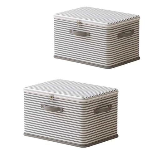 Foldable Storage Containers, Beige Striped Fabric Boxes with Lids, Stackable Closet Organizer Bins for Bedroom, Clothing Storage (Gray, L) - color: Gray, size: L