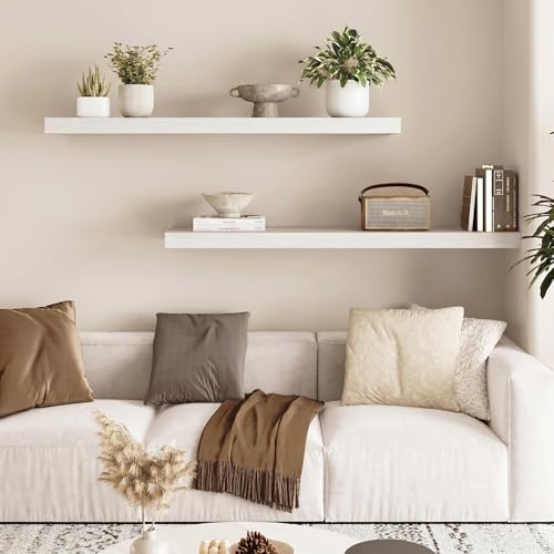 Fixwal Floating Shelves for Wall, 35" Long Heavy Duty Wall Mounted Rustic Wood Shelves for Living Room, Bedroom, Bathroom and Kitchen, for Storage, Books, Room Decor (White, Set of 2) - color: White, size: 35in