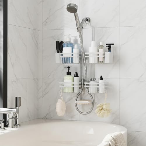 Shower Caddy Hanging for Bathroom Organizers and Storage - 3-Tier Adjustable Anti-Swing Shower Organizer Hanging with Heavy-Duty Suction Cups, Damage-Free Rustproof (White) - color: WHITE, size: width