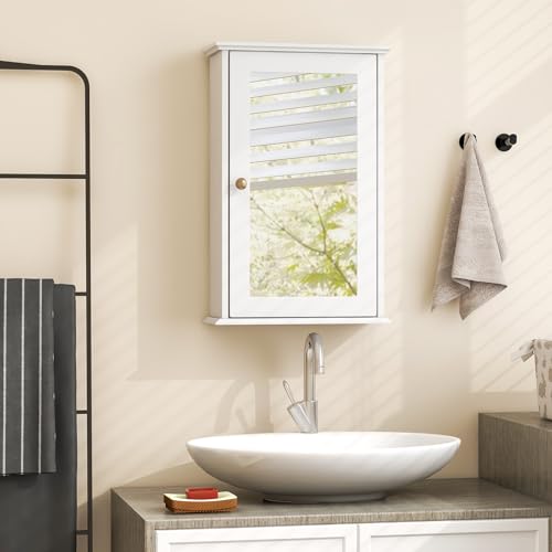 Tangkula Bathroom Medicine Cabinet with Mirror, Wall Mounted Single Mirror Door Storage Cabinet w/Adjustable Shelf, Wall Cabinet w/Reversible Door for Bathroom Living Room Hallway (White) - color: White