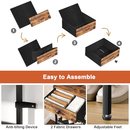 Shoe Rack, 5 Tier Shoe Organizer with 3 Drawers, Metal Shoe Storage for 24-30 Pairs of Shoes with Fabric Shelves and Wooden Top, Narrow Shoe Shelf for Closet Entryway Rustic Brown - color: Rustic Brown, size: 5 Tier(41.3 × 10.8 × 37.8)