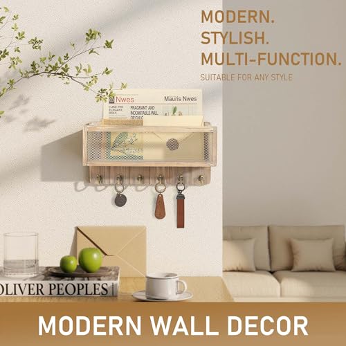Rebee Vision Pine Wood Mail and Key Holder for Wall – Decorative Key Holder Wall Mount with Hooks & Basket for Entryway – Storage Organizer for Keys, Mail & Sunglasses (Natural) - color: Natural