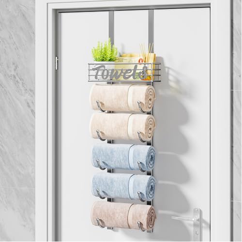 HapiRm Towel Racks for Bathroom Storage - 6 Tier Over The Door & Wall Mount Rolled Towel Storage Organizer Holder with Metal Shelf Basket for Small Bathroom, Camper, Rv - Sliver, Patented - color: Silver, size: 6-Tier