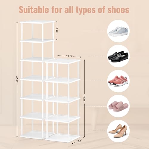 Vertical Tall Shoe Rack Organizer for Entryway -12 Tier Free Standing Slim Narrow Bamboo Wood Corner Stackable Shoe Boots Storage Stand Small Spaces for Closet Garage Cloakroom Living Room (White) - color: White, size: 12 Tier