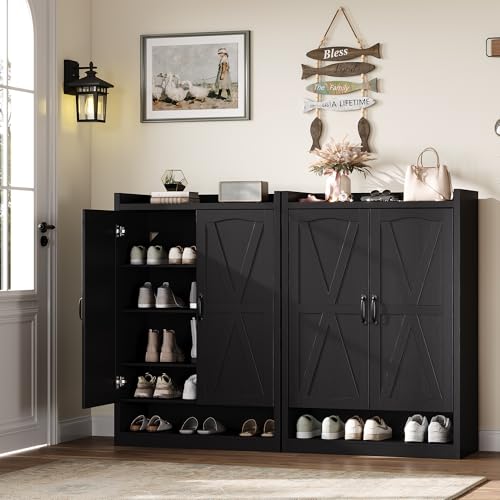 BINGTOO 45" Tall Farmhouse Shoe Storage Cabinet with Doors, Large Shoe Organizer with 4 Adjustable Shelves, Extra Deep Wooden Shoe Rack for Entryway, Foyer, Hallway (Black, 2 Cabinets) - color: Black, size: 2 Cabinets