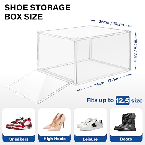 12 Pack Drop Front Shoe Boxes Acrylic Box Sneaker Case Size 12, Transparent Display Cases for Sneaker Collections, Baseball Caps, Hat Organizer Dust-free Shoe Cubbies Stackable Sneaker Boxes - size: Size 12 - 12 Pack