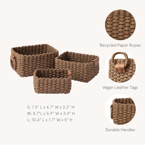 LA JOLIE MUSE Woven Storage Baskets, Recycled Paper Rope Bin Organizer Divider for Cupboards Drawer Closet Shelf Dresser, Set of 3 (Brown) - color: Brown