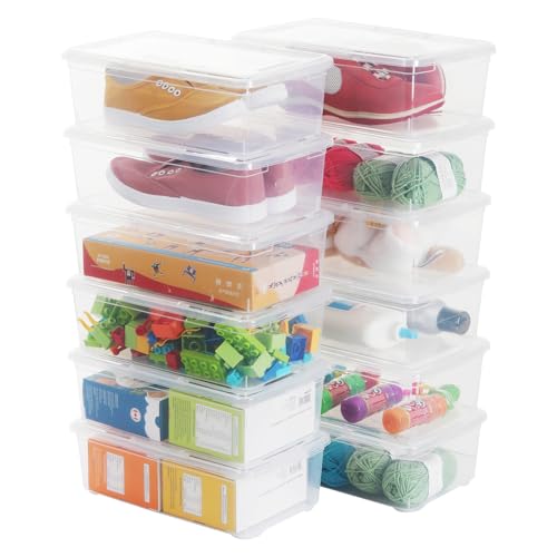 12 Pack 6 Quart Stackable Plastic Storage Shoebox, BPA-Free Nestable Container to Organize Shoes, See-Through Box for Home and Office, Multi-Purpose Storage Case (Transparent)