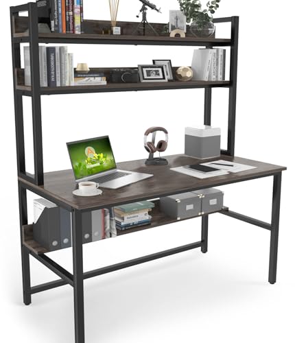 Aquzee Desk with Hutch Bookshelves, Computer Desk with 3 Tiers Storage Shelves, Space Saving Design Black Metal Legs Desk with Grey Board, Easy Assemble - color: Grey, size: 47inch