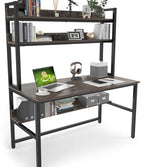 Aquzee Desk with Hutch Bookshelves, Computer Desk with 3 Tiers Storage Shelves, Space Saving Design Black Metal Legs Desk with Grey Board, Easy Assemble - color: Grey, size: 47inch
