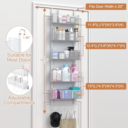 VyGrow Over The Door Organizer, Metal Door Organizer Hanging with 5 Adjustable Baskets and Coat Hook, Behind The Door Storage for Bedroom Closet Bathroom Pantry Cabinet Kitchen, White - color: White, size: 5-Tier