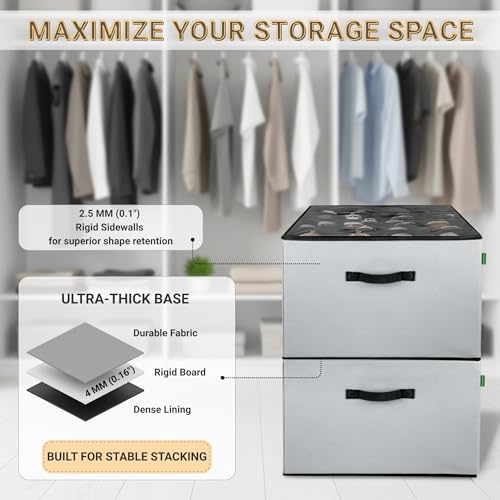 2 Pack Shoe Organizer for Closet, Foldable Fabric Shoe Storage Box with Adjustable Dividers and Clear Dustproof Cover, Large Collapsible Shoe Bins & Containers, Holds up to 32 Pairs, Gray