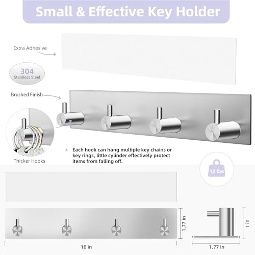 VIS'V Key Holder Wall Mount, Large Metal Self Adhesive Key Hanger with 4 Hooks, No Drilling, Extra Adhesive Strip, Silver - color: Silver