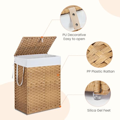 90L Laundry Hamper with Lid, Hand-Woven Pp Rattan Laundry Basket with Compartments & Handles, Removable Liner Bags,Foldable, Narrow Dirty Clothes Basket, Yellow - color: 90L-Yellow