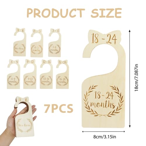 7 Pcs Closet Dividers Set, Pre-Labeled Wooden Hook-Style Size Tags, Easy Size Closet Organization & Storage for Nursery, Wardrobe, Bedroom & Closet Rods (0, 0-3, 3-6, 6-9, 9-12, 12-18, 18-24 Months)