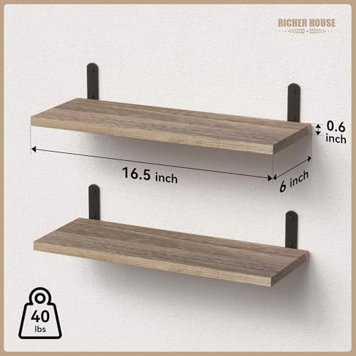 RICHER HOUSE Rustic Wood Shelves Set of 2, Farmhouse Style Floating Shelf for Wall Décor, Hanging Shelves for Bathroom, Bedroom, Storage, Kitchen, Living Room - Carbonized Black | for Wall Décor, for Bathroom, Bedroom, Storage, Kitchen, Living Room - colo