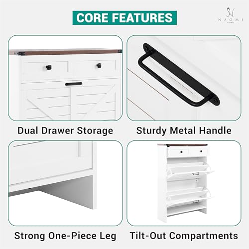 Naomi Home Berenice 32.68" Farmhouse Shoe Cabinet for Entryway with 2 Flip Drawers and 2 Storage Drawers - Slim Narrow Shoe Storage Cabinet, White Shoe Organizer Cabinet - color: White