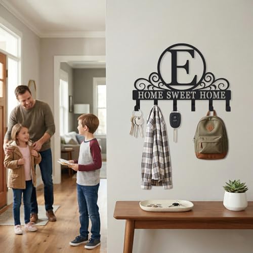 Metal Letter E Key Holder for Wall, Decorative Metal Key Holder Wall Mount, Key Hooks Coat Rack Monogram Wall Decor, Perfect for Bathroom, Living Room, Kitchen, Anniversary Housewarming Gift - style: E