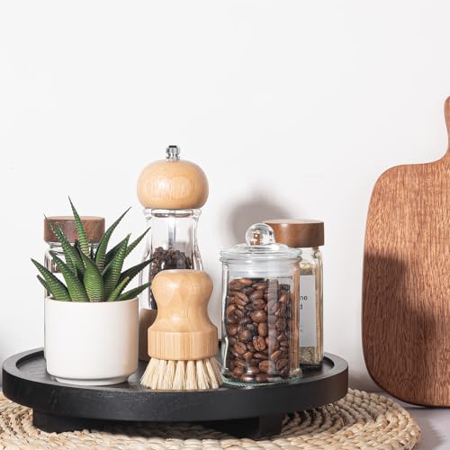 Round Decorative Tray Wood Bathroom Counter Organizer Farmhouse Kitchen Decor Wooden Riser for Soap Dish, Perfume, Candle, Sponge, 10" - Black - color: Black, size: 10"