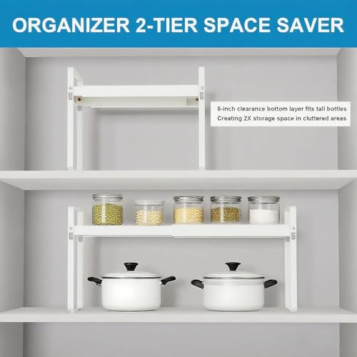 9" Deep Expandable Cabinet Shelf Organizer Riser, 14"-25" Adjustable Cabinet Shelves Rack for Kitchen Pantry Cupboard Under Sink Countertop, 8" High Bottom Layer, White(2 Pack) - size: 2-Pack 9''W