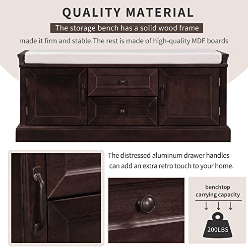 P PURLOVE Rustic Wood Storage Bench with 2 Cabinets and 2 Drawers, Wood Shoe Bench with Removable Cushion for Entryway, Hallway - color: Espresso, size: with 2 Drawers and 2 Cabinets