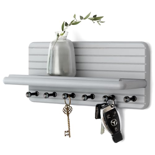 Rebee Vision Decorative Key Holder Wall Mount for Room Decor Aesthetic – Modern 11-inch Pine Wooden Key Holder for Wall with 6 Hooks & Floating Shelf - Sleek Home Improvement Essential (Gray) - color: Gray, size: Medium-11inch