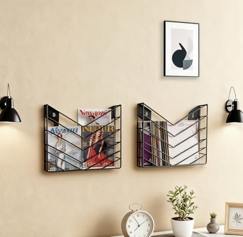 CROISSANT Black Wall Mounted File Organizer,Metal Magazine Basket, Concave Wall Mounted Magazine Rack, Suitable for Hanging File Folders for Office Living Room (Black, 2 Pack) - color: Black, size: 2 Pack