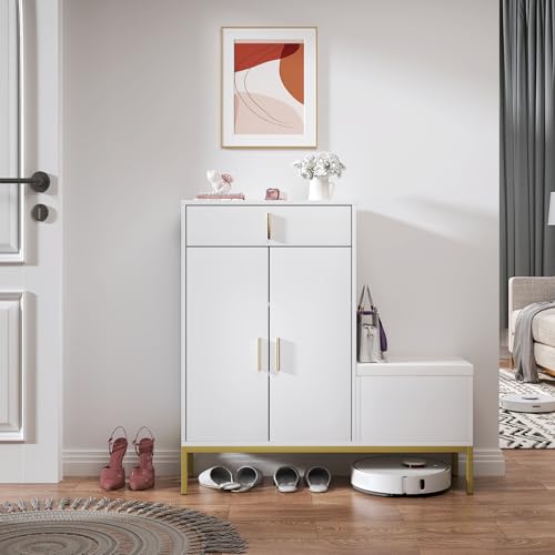HedoAjim L-Shaped Shoe Storage Cabinet with Bench, Entryway Shoe Cabinet with Drawer, Modern Freestanding Shoes Organizer Cabinet for Entryway Hallway Front Door, White