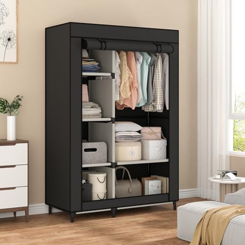 Calmootey Portable Closet Organizers, Clothing Storage, Wardrobe with 6 Shelves and Hanging Rod, Non-Woven Fabric Cover with 4 Side Pockets, Black - color: Black