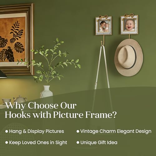 AELS Decorative Wall Hooks with 3"x3" Bow Vintage Picture Frame, Vintage Photo Holder with Golden Hook for Coats, Purses, Towels and Keys, Ideal for Entryway, Bedroom or Wedding Decor, Gift Ideas - color: 3X3