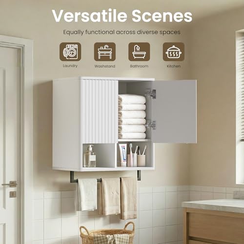 Bathroom Wall Storage Cabinet, Over The Toilet Medicine Cabinet, Hidden Storage & Open Shelves, Small 2-Door Multi-Functional Bathroom Organizer with Towel Bar for Bathroom & Kitchen (White) - color: White